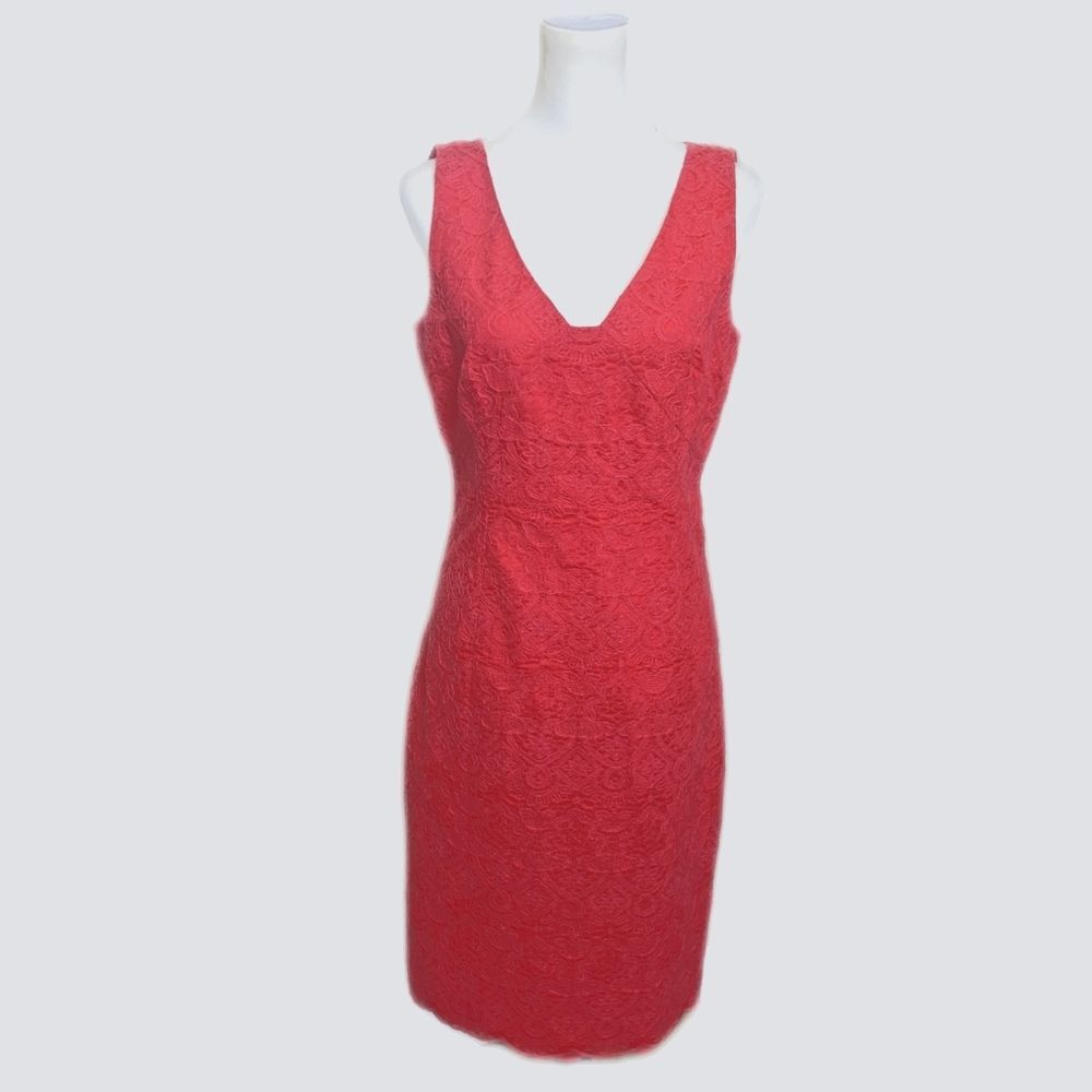 Tory Burch coral pink sheath dress, lined, lace overlay, v-neck, sleeveless 10